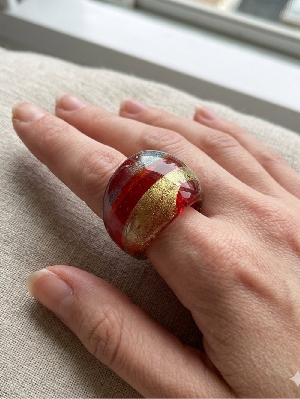 Red and Gold italian Murano Glass Dome Ring